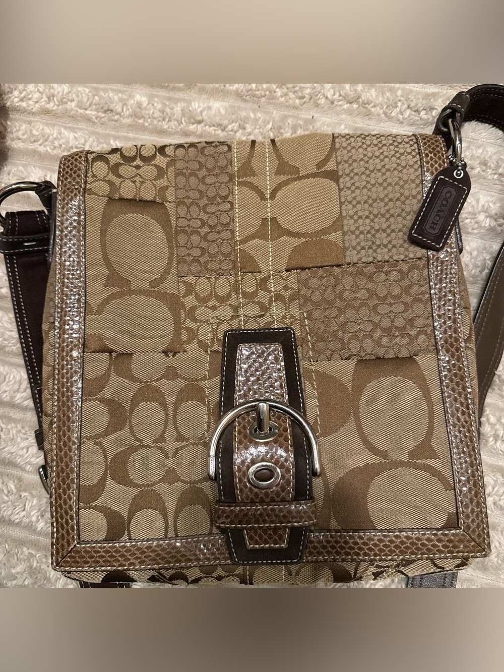 Coach Patchwork Signature Messenger Bag in Brown and Tan
